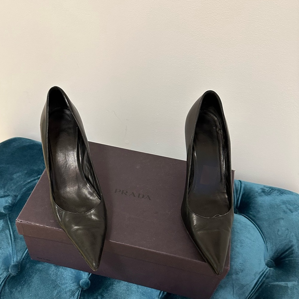 Prada black leather pumps approx 2” heel size 38.